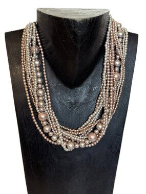 Necklace 11 Strand Glass Pearl Beads Choker Champagne & Dusky Rose 18" approx